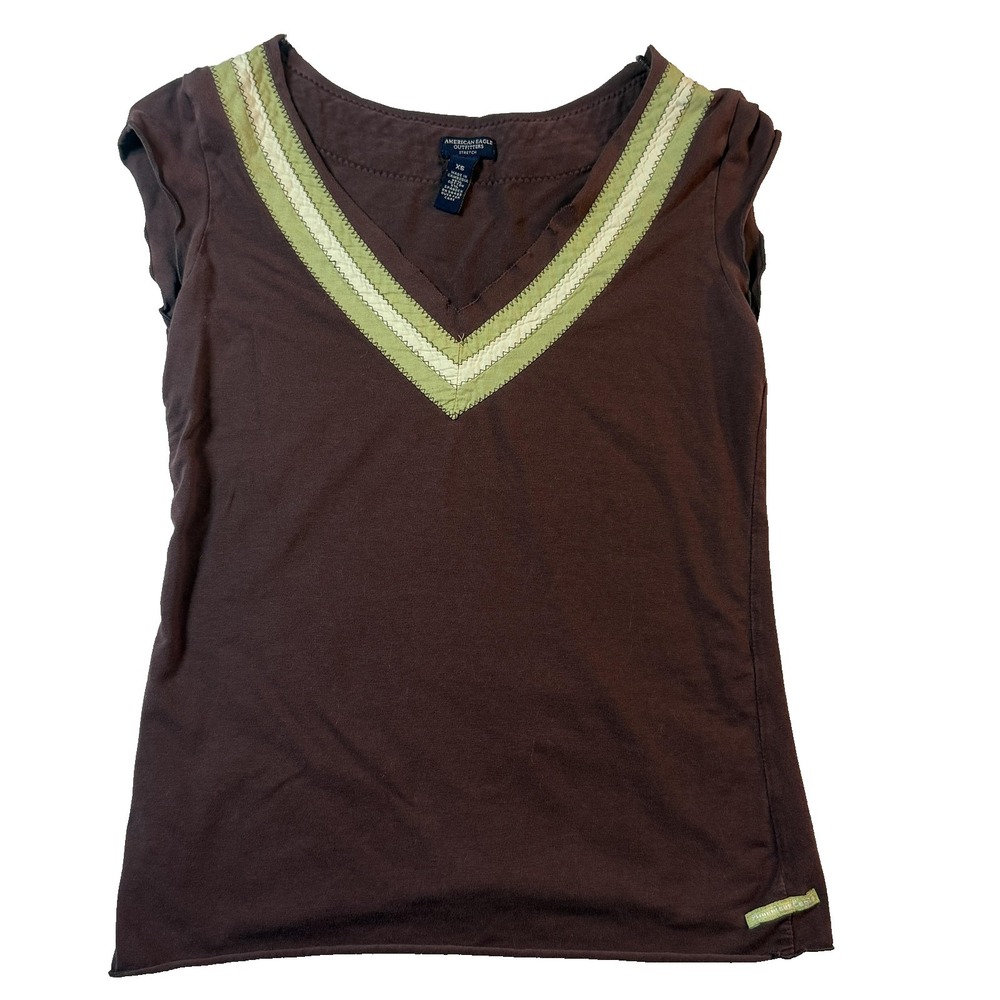 Y2K American Eagle Brown V Neck Baby Tee Womens XS Contrast Trim Indie Sleaze